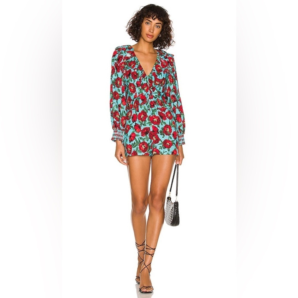 ALICE + OLIVIA Kami Blouson Sleeve Deep V Ruffle Romper in Beach Bliss Aqua (D9)